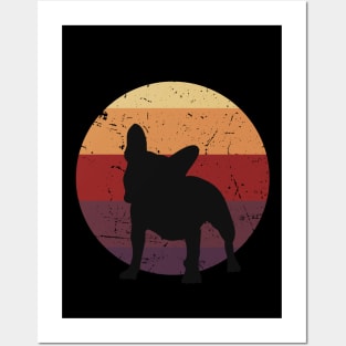 Silhouette of cute french bulldog with colored sunset, vintage style, frenchie mon, frenchie dad, frenchie on vintage sunset Posters and Art